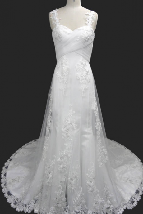 Lace Appliques Sweetheart Shoulder Straps Floor Length Tulle A-line Wedding Dress Featuring Train