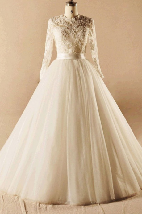 Modest Long Sleeves Ball Gown Big Lace Wedding Dresses