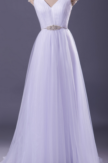 White Beaded Sheer Back Wedding Dress Cap Sleeves V Neck A Line Tulle Overlay Long Bridal Gown Women Formal Dress Custom Made