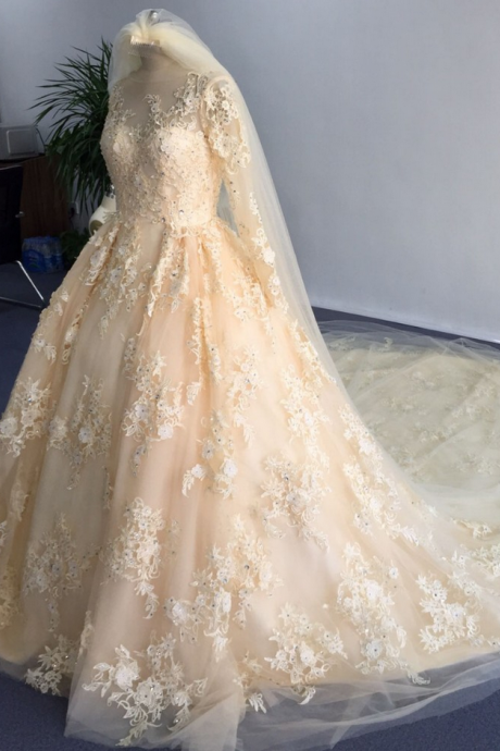 Cheap wedding dresses,Glamorous O Neck Appliqued Beaded Stunning Long Sleeve Ball Gown Wedding Dresses Champagne Appliques Royal Train Tulle Bride Wedding Dress