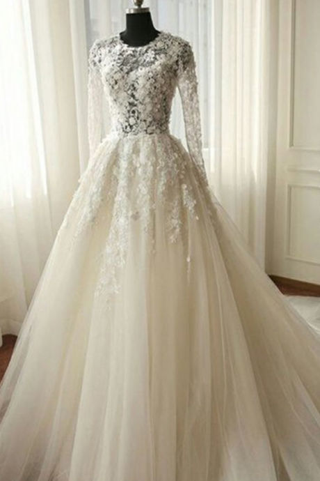 Wedding Dress, White Chiffon Lace Long Sleeves See-through A-line Long Dresses,wedding Dresses,white Long Wedding Dresses,tulle Bridal