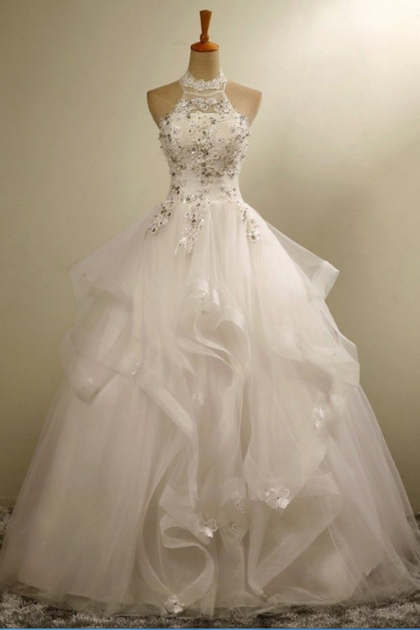 Wedding Dress,ball Gown Wedding Dresses Lace Halter Ivory Crystal Vestido De Novias Tulle Organza Bride Dresses, Custom Made Wedding Gown,formal