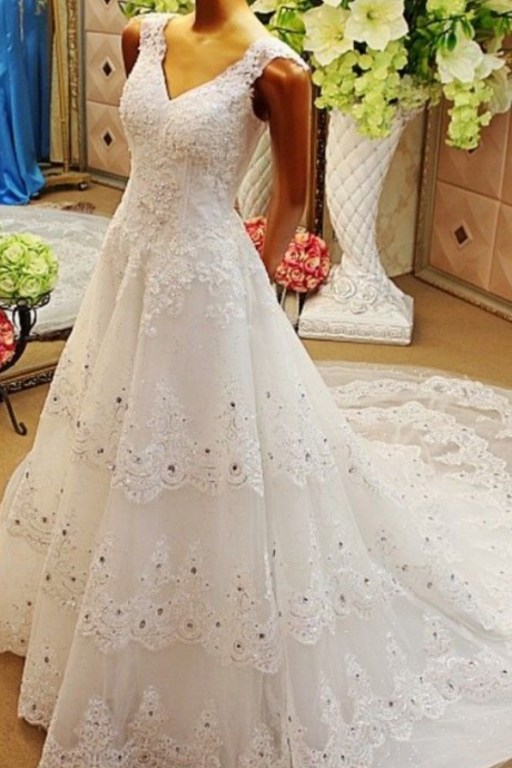  Luxury beads wedding dresses, Crystals Layer Lace Wedding Dresses V-neck Bridal Gowns, ball gown wedding dresses,sexy Wedding Dresses,Lace Bridal Wedding Gown,Bridal Dress,custom wedding dresses