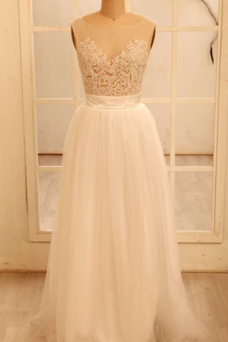  Custom Made A line Round Necklace Lace Wedding Dresses, Deep V Neck Back Dress, Ivory Dresses for Wedding
