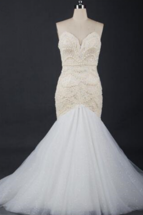 fashion Bra repair bride wedding White / ivory pearl fishtail skirt Sexy halter wedding dress