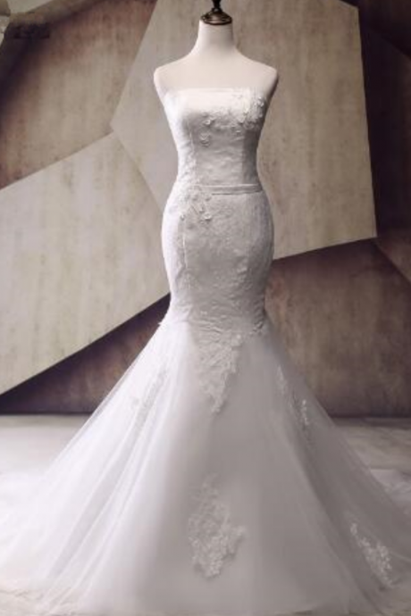  Mermaid Real Picture Wedding Dress Strapless Appliques Lace Lac-up Vintage Bridal Gown 