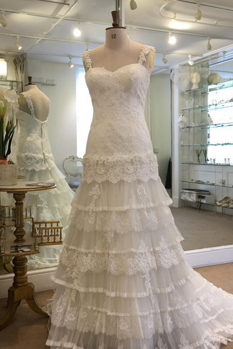 Spaghetti Straps Layered Lace Beach Bridal Dresses,A Line Bridal Dress for Beach,Cute White Wedding Dresses Lace