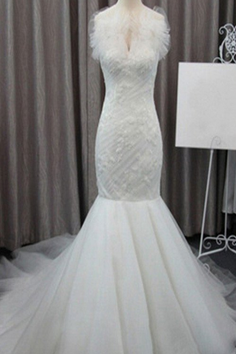  Gorgeous Elegant White Lace Mermaid Tulle Wedding Party Dresses, Bridal Gown