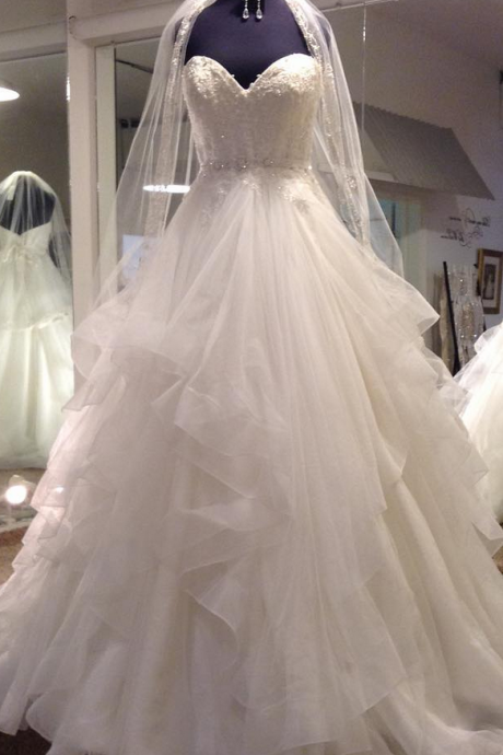 Gorgeous Lace Sweetheart Organza Ruffles Ball Gowns Wedding Dresses