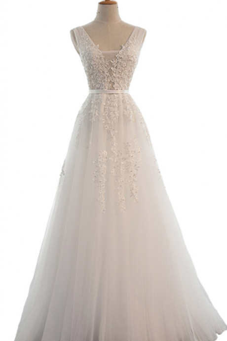  Sexy V-Neck Country Wedding Dresses A-Line Appliqued Tulle Bridal Gowns