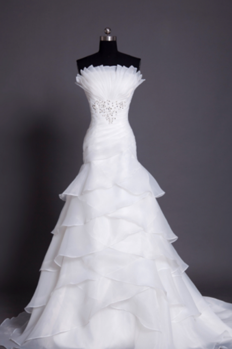 Custom Made White Strapless Fan Pleated Chiffon Wedding Dress with Cascading Detail and Rhinestone Beading