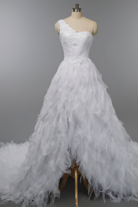 One-shoulder Wedding Dress, Lace Applique Wedding Gowns,Front Short Back Long Wedding Dresses, 