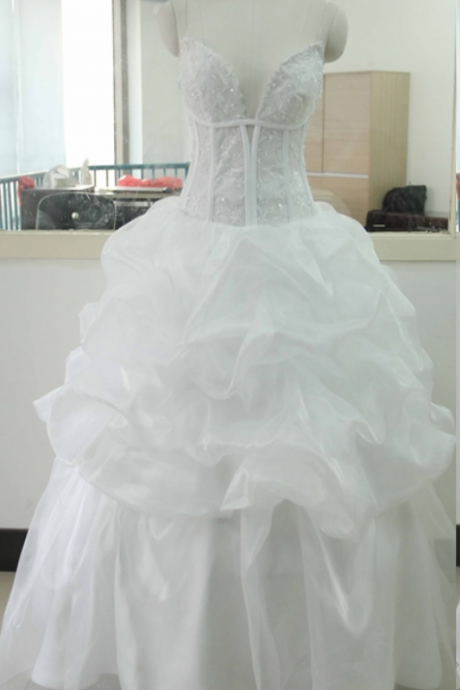 Stock Wedding Dress White Organza Wedding Dresses Beading Sequins A-line V-neck Wedding Gowns Ivory Wedding Dresses