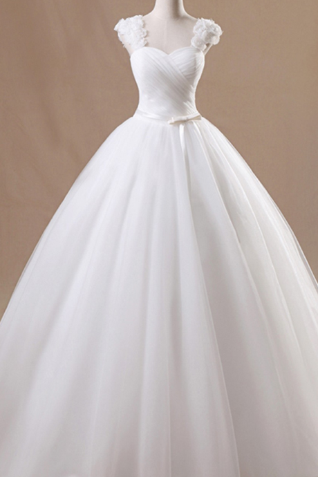 Cap Sleeves Wedding Dresses,ball Gown Wedding Dress,sweetheart Bridal Dress,floor-length Wedding Dress,tulle Flower Ruched Lace-up Wedding Dress