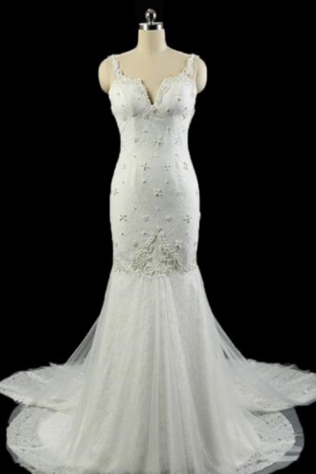 Deep Sweetheart Neckline Lace Mermaid Wedding Dresses Spaghetti Strap Pearls Backless Wedding Dress Vestido De Noiva Real Photos