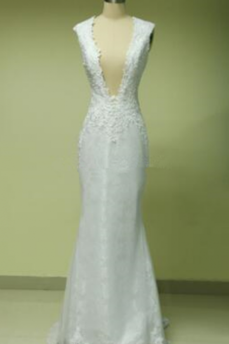  Real Picture Wedding Dress Plunging V-neck Neckline Mermaid Wedding Dresses Applique Cap Sleeves Floor Length Bridal Gowns