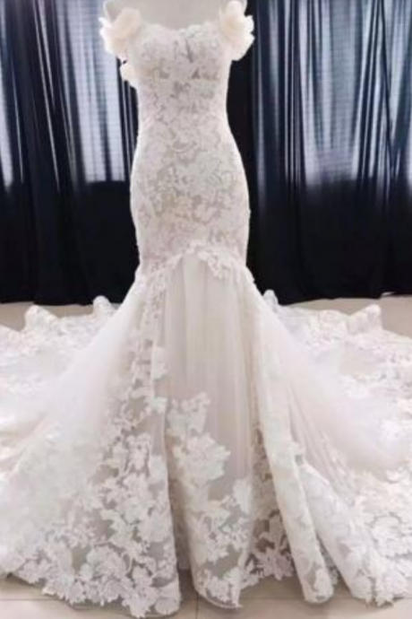 Sexy Mermaid Wedding Dress Lace Applique Flowers Cathedral Tailing Wedding Dresses Robe