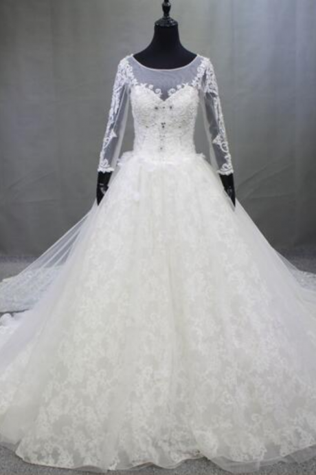 Real Photo Luxury Royal Train Wedding Dresses Illusion Graceful Vestido De Novia Beaded Crystal Wedding Party Size Plus