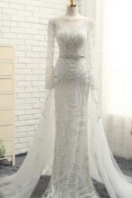 Real Image Luxury Bridal Gown Mermaid Wedding Dresses With Long Sleeve High Collar Robe De