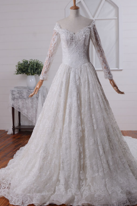  Sexy A-line Long Sleeves Lace Wedding Dress with Plunging V Neck | Backless Wedding Dress | Fit and Flare Wedding Dress