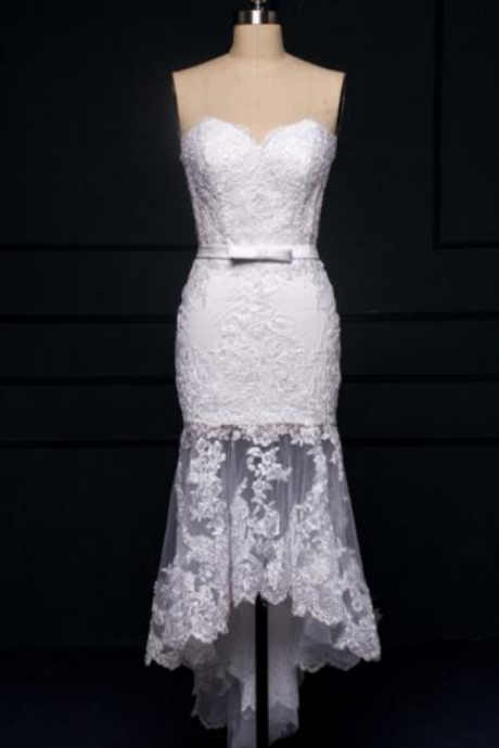 Simple Lace Appliques Sash Tulle Backless Short Mermaid Wedding Dresses