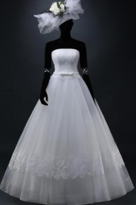 Exclusive Custom Real Picture Elegant Noble Strapless Backless Appliques Lace Bow Organza A-Line Wedding Dresses 