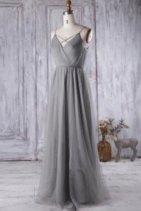 Simple Gray Tulle Bridesmaid Dress,a Line V Neck Prom Dress,