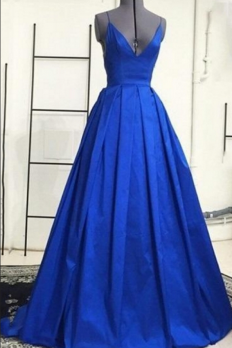 Royal Blue Backless Spaghetti Straps Ruched Brush Train Evening Dresses
