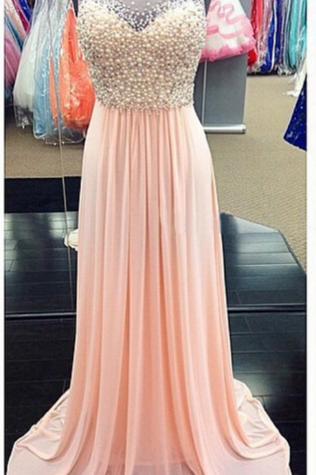Blush Pink Prom Dress, Peals Prom Dress, Prom Dresses, Chiffon Prom Dress,chiffon Beaded Evening Gowns