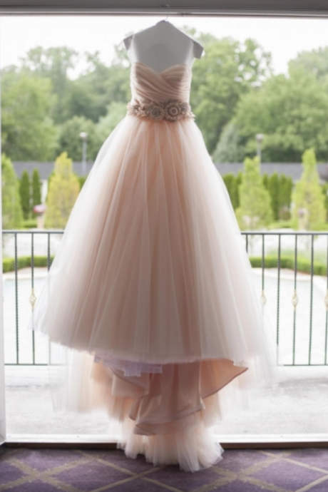  Pink Sweetheart Strapless Flowers Beading A-Line Wedding Dress