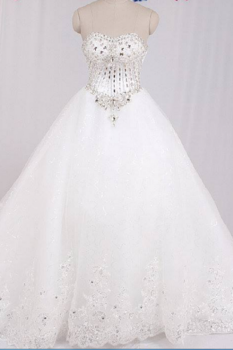  real sample luxury crystal beaded sweetheart lace chapel train princess wedding dress