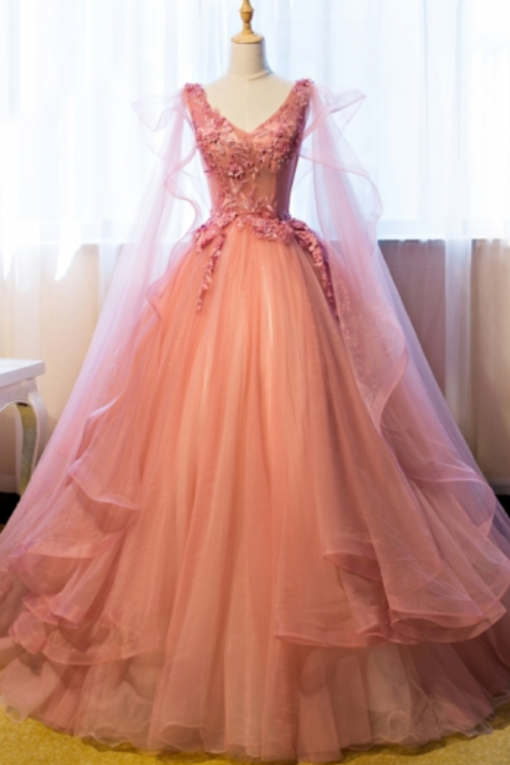Ball Gown V-neck Appliques Beading Floor-length Quinceanera Dress
