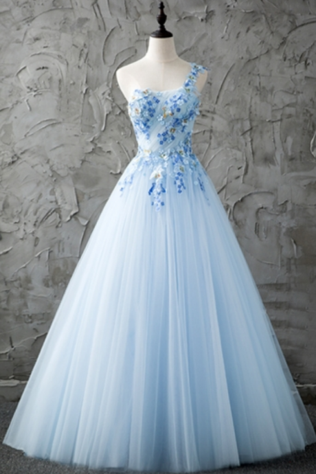 Blue One-shoulder A-line Beading Pleats Floor-length Prom Dress