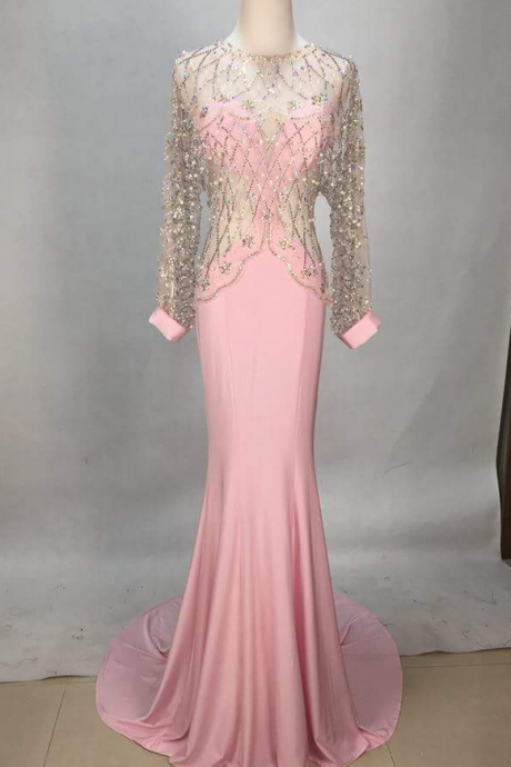 Sexy Pink Long Sleeve Beaded Chiffon Long Prom Dress Evening Dresses