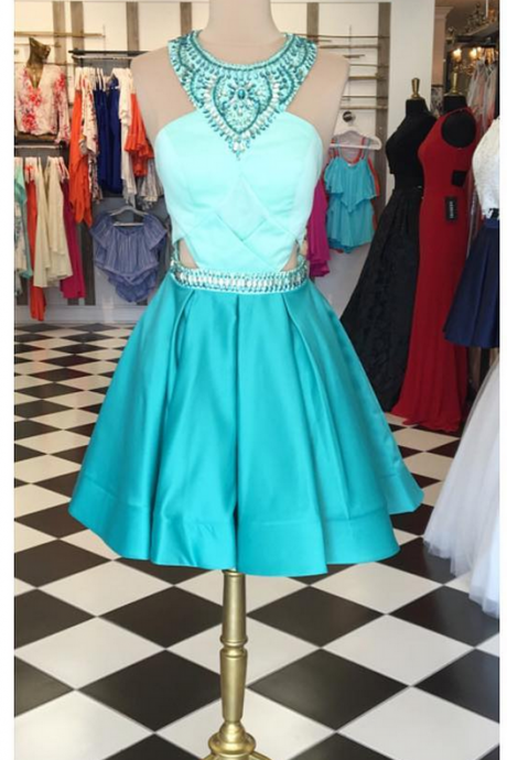 Green Homecoming Dresses Sleeveless A Line Haltered Zippers Above-knee Beadings
