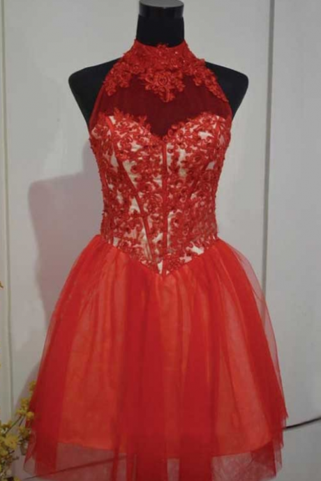  Red Homecoming Dresses Sleeveless A lines High Collar Hollow Short Lace