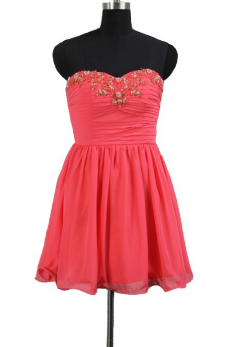 Watermelon Homecoming Dresses Side-Zipper Sleeveless Beadings Above Knee Sweetheart Neckline Empire