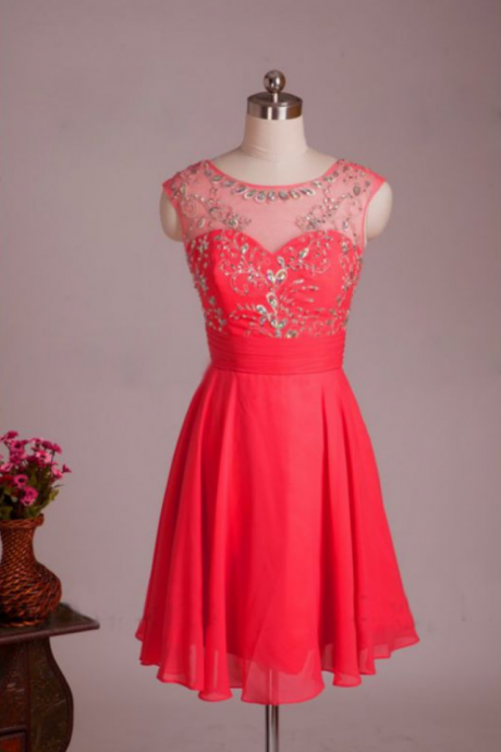 Red Homecoming Dresses Zippers Sleeveless Aline O-neck Mini Crystal Beads Ruffle