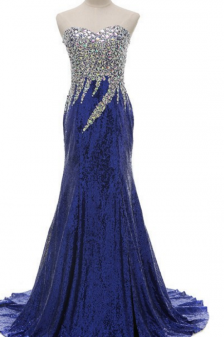 Shining Royal Blue Side Slit Prom Dresses With Silver Crystal Beading Mermaid Women Formal Evening Party Dress