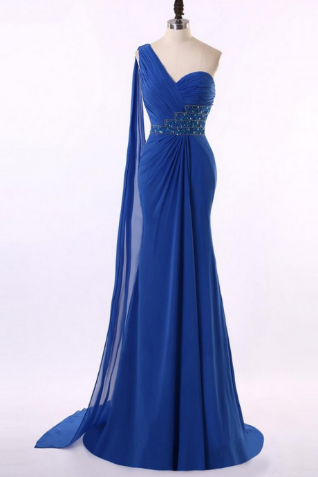 Royal Blue Chiffon One-shoulder Floor Length Trumpet Dress Featuring Beaded Embellishments