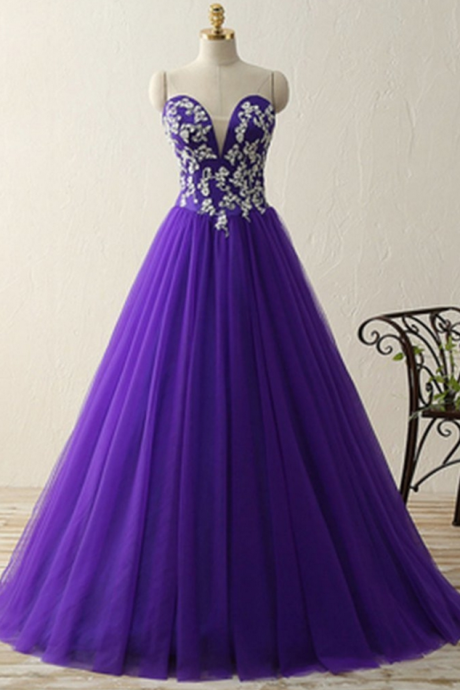 Purple Sweetheart Appliques A-line Tulle Prom Dresses