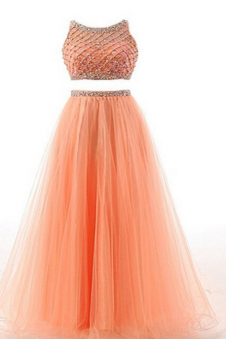  Two Pieces Orange Red Beaded Long Prom Graduation Dresses