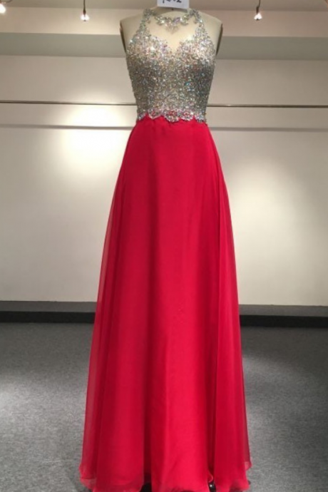  Gorgeous Real Sample Sleeveless O-neck High Collar Crystals And beadings Red Sexy Evening Dress