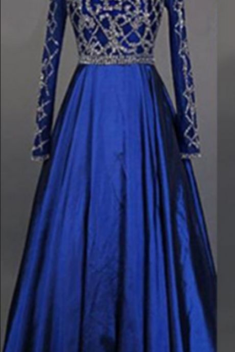 Blue Long A-line Beading Long Sleeves Taffeta Prom Dresses