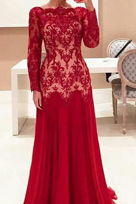  Prom Dresses,Long Prom Dresses,Long Sleeve Red Lace Evening Dresses Cheap High Quality Prom Gowns