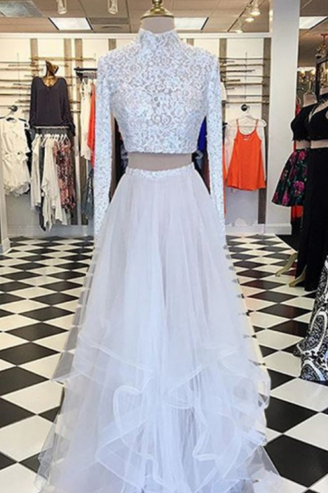 Chic Two Piece A-line High Neck Long Sleeves Asymmetry Tiered White Prom Dress With Lace