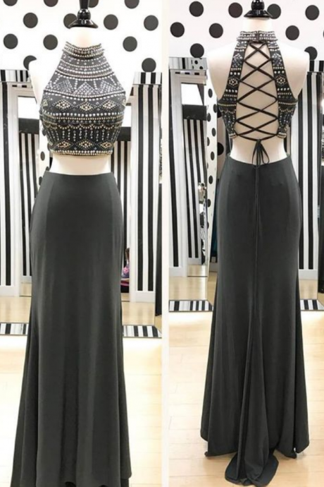 Gray Chiffon Two Piece Prom Dresses, Formal Dresses, Graduation Party Dresses, Banquet Gowns