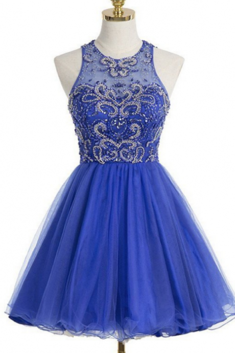  Sleeveless Blue Tulle Homecoming Dresses A Line Beadings Mini Jewels Open Back A Line