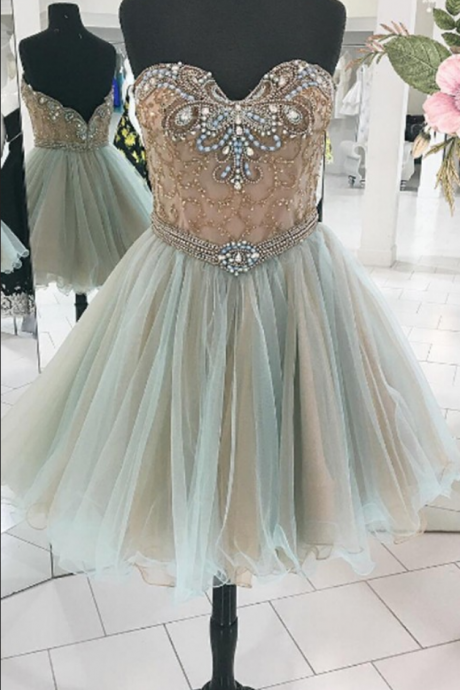 Same As The Picture Homecoming Dresses Zipper-up Sleeveless Tulle Beadings Knee-length Sweetheart Neckline A Lines