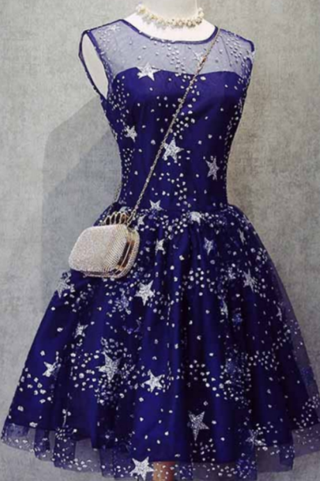 Fashion A-line Jewel Sleeveless Navy Blue Short Homecoming Dress With Beading